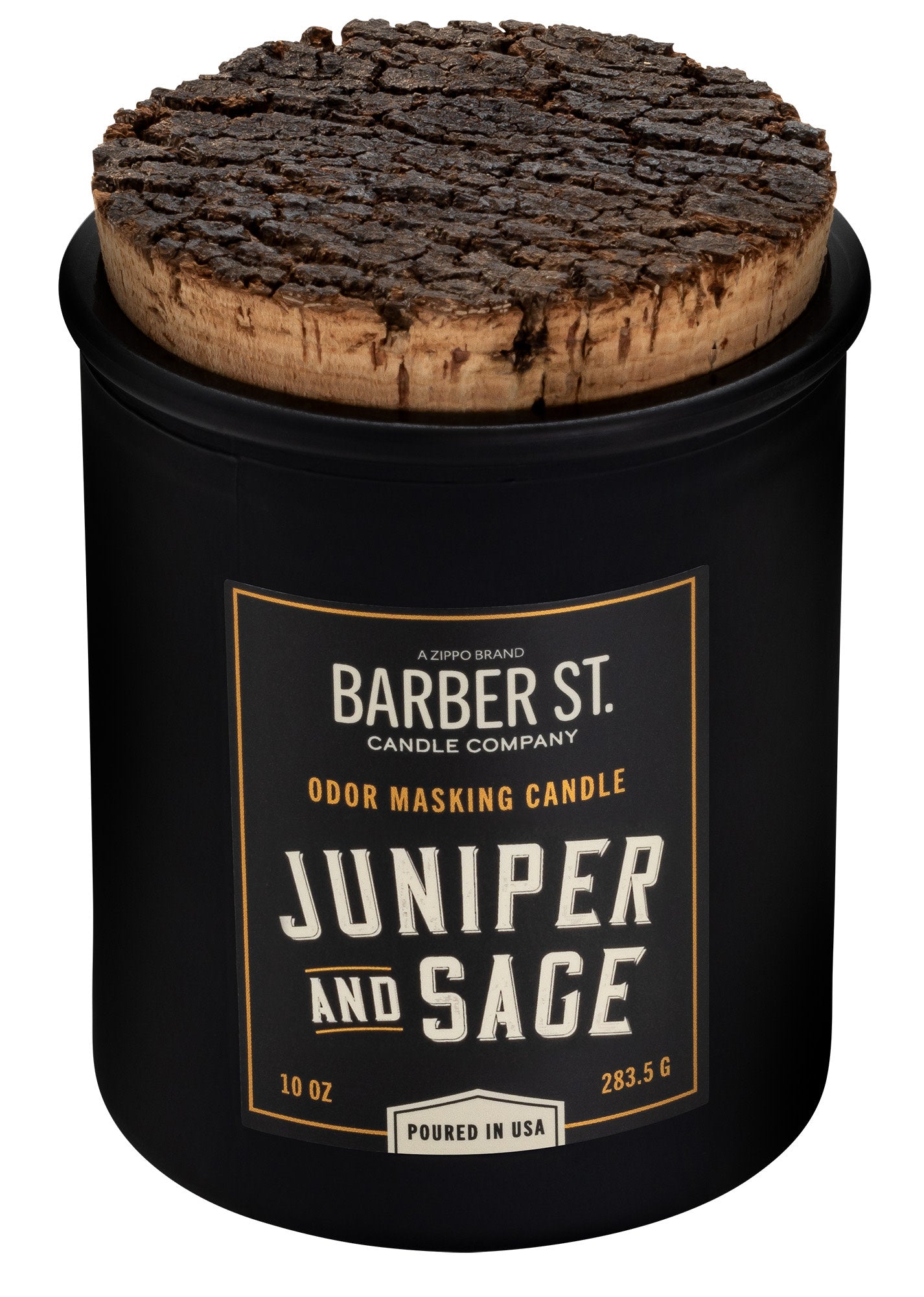 Front shot of Zippo Barber Street Juniper and Sage Odor Masking Candle with the lid on.