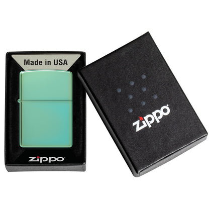 Classic High Polish Green Windproof Lighter in its packaging.