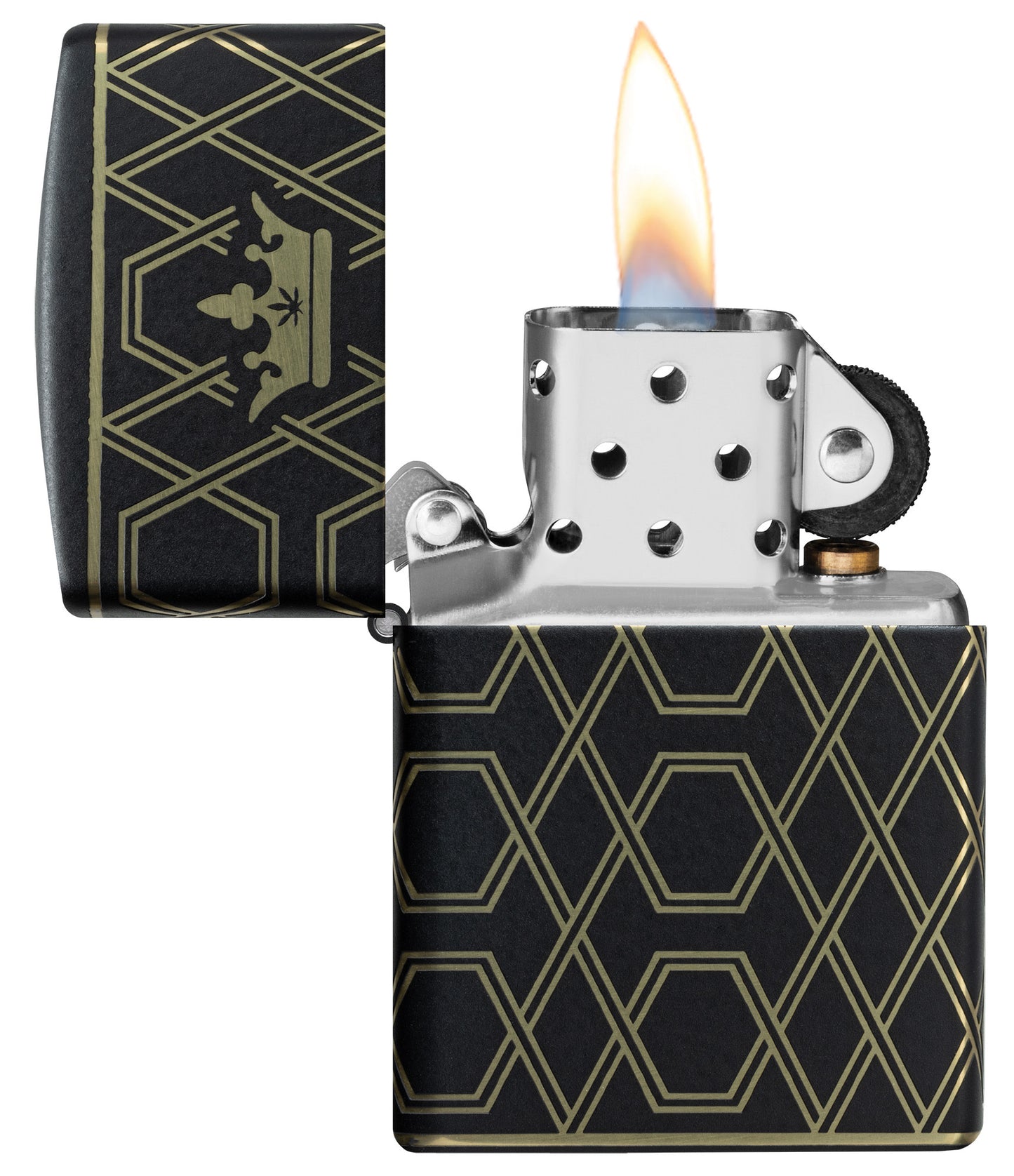 Zippo Queen Of Bud Geometric Design Black Matte Windproof Lighter with its lid open and lit.