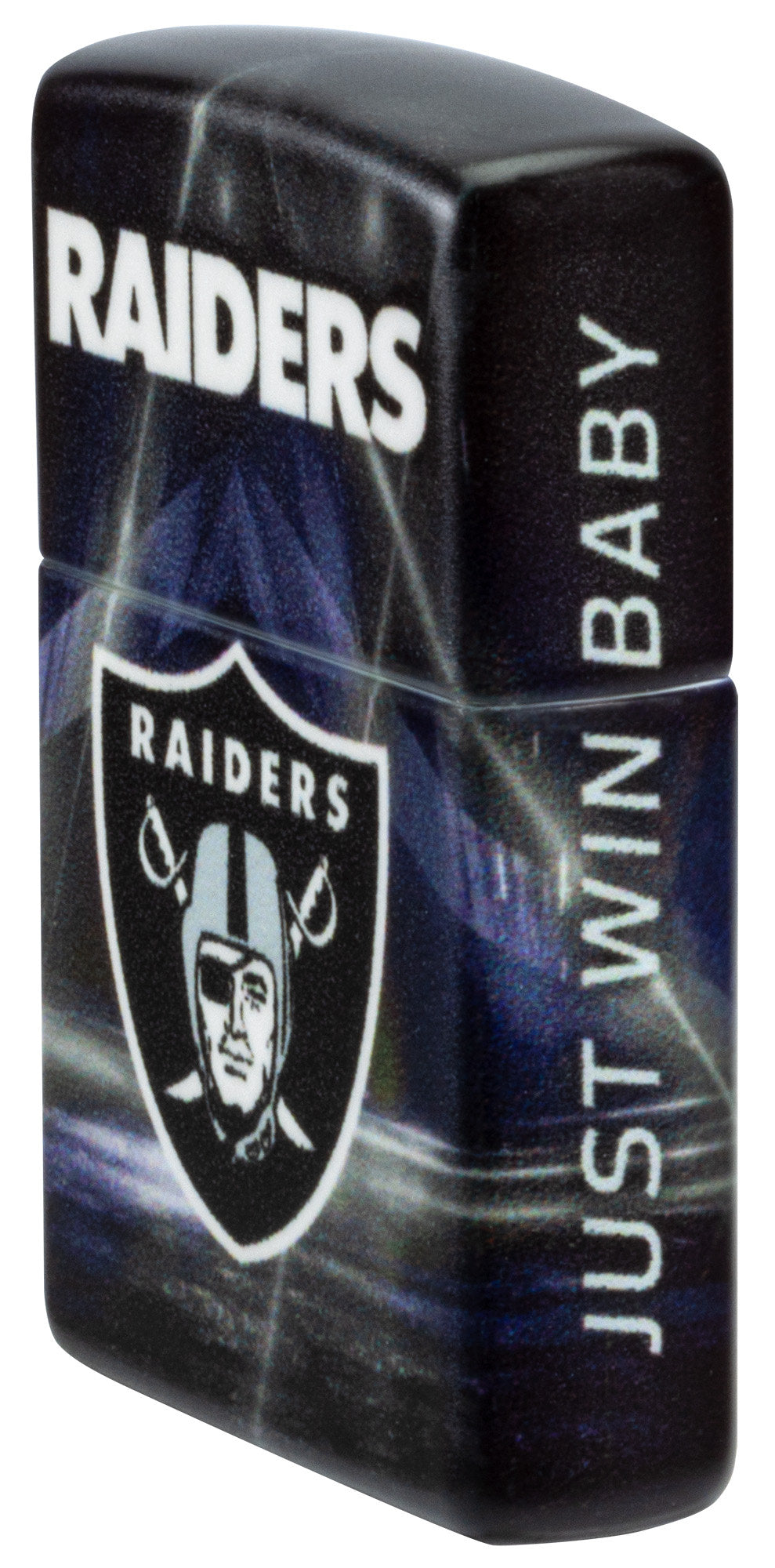 Angled shot of Zippo NFL Las Vegas Raiders 540 Matte Windproof Lighter showing the front and right sides of the lighter.