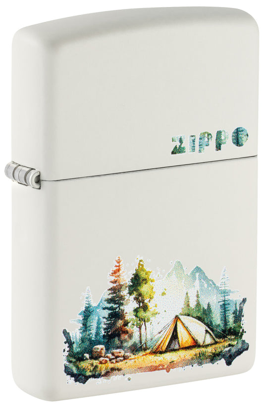 Front shot of Zippo Nature Retreat Design White Matte Windproof Lighter standing at a 3/4 angle.