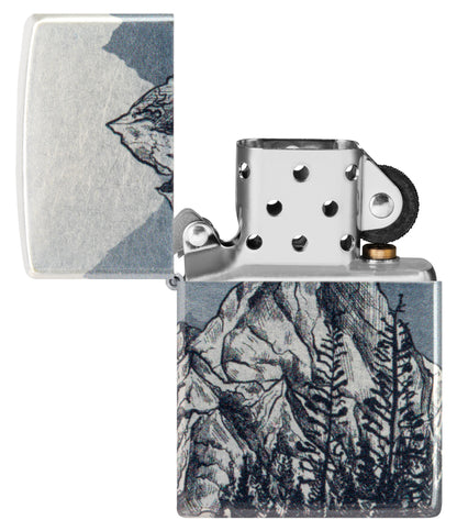 Zippo Mountain Sketch Design 540 Tumbled Chrome Windproof Lighter with its lid open and unlit.