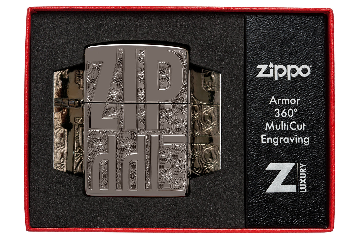 Zippo Reverse Carve Zippo Design Armor® Black Ice® Windproof Lighter in its packaging.