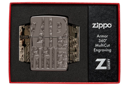 Zippo Reverse Carve Zippo Design Armor® Black Ice® Windproof Lighter in its packaging.