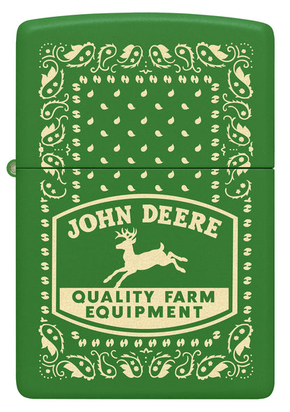 Front view of Zippo John Deere Paisley Design Moss Green Windproof Lighter.



