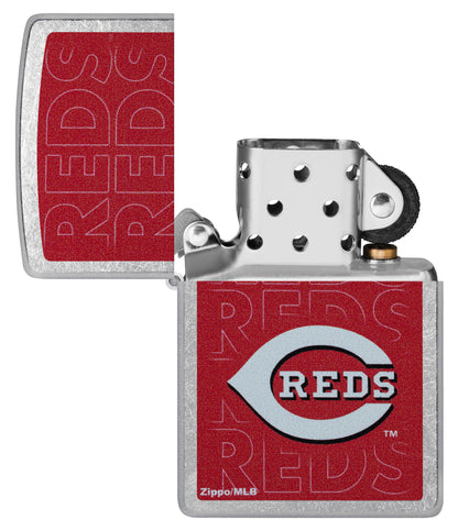 Zippo MLB® Cincinnati Reds Street Chrome Windproof Lighter with its lid open and unlit.