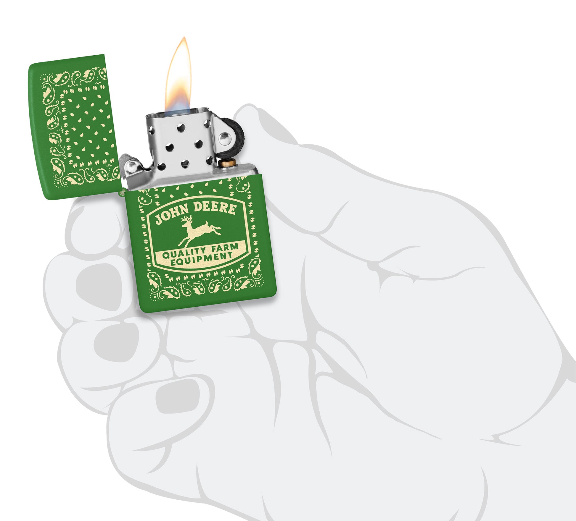 Zippo John Deere Paisley Design Moss Green Windproof Lighter lit in hand.


