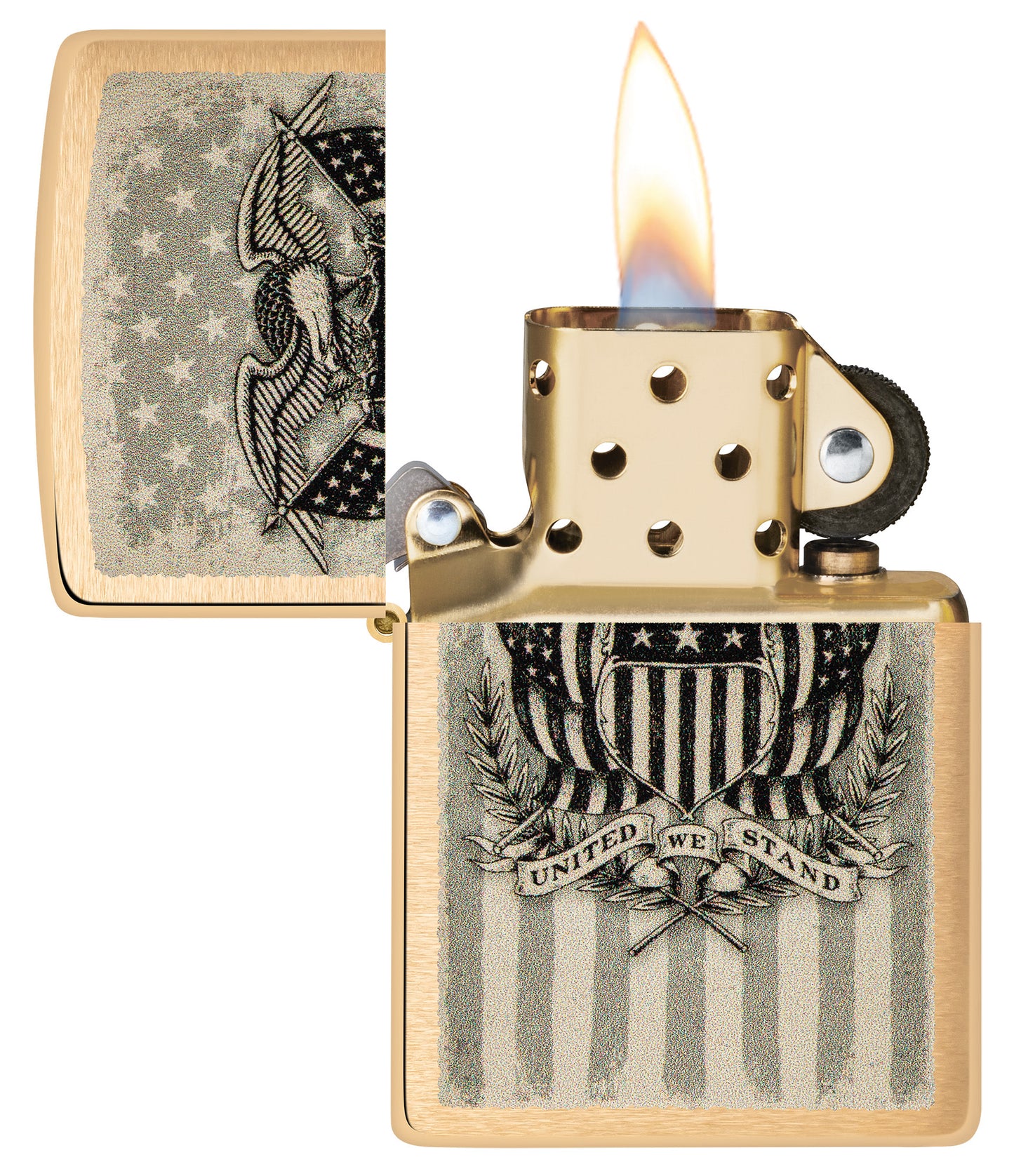 Zippo American Crest Design Brass Brushed Windproof Lighter with its lid open and lit.