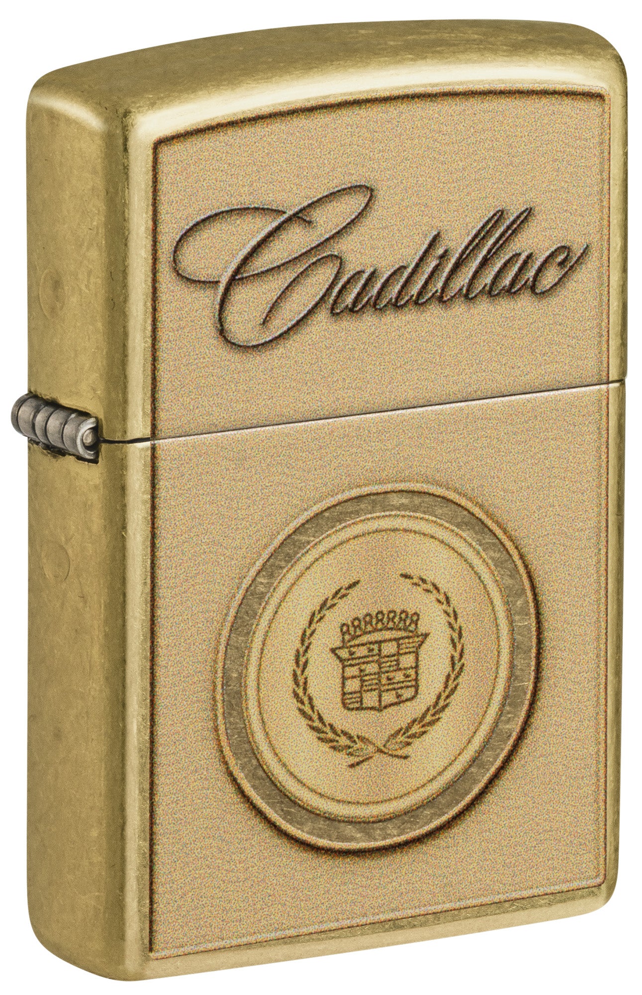 Front shot of Zippo Cadillac Crest Design Street Brass Windproof Lighter standing at a 3/4 angle.



