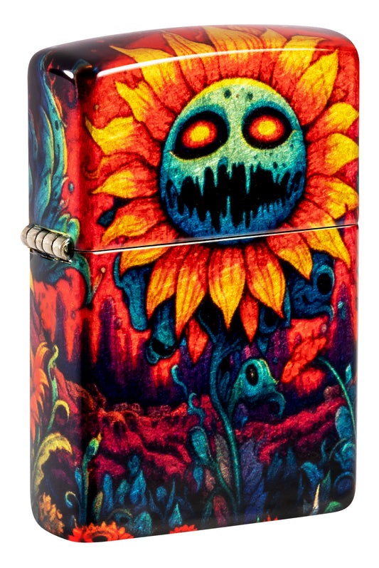 Front shot of Zippo Spooky Sunflower Design 540 Tumbled Brass Windproof Lighter standing at a 3/4 angle.