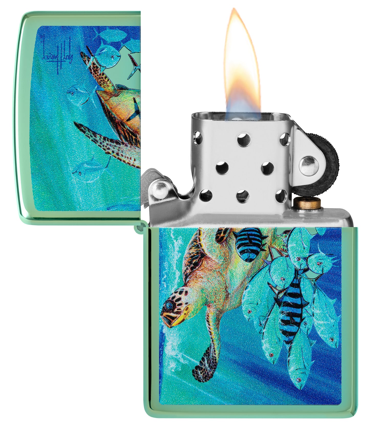 Zippo Guy Harvey Hawksbill Caravan High Polish Green Windproof Lighter with its lid open and lit.