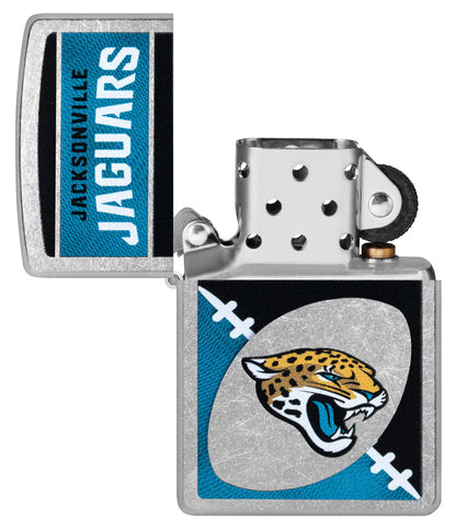 Zippo NFL Jacksonville Jaguars Street Chrome Windproof Lighter with its lid open and unlit.