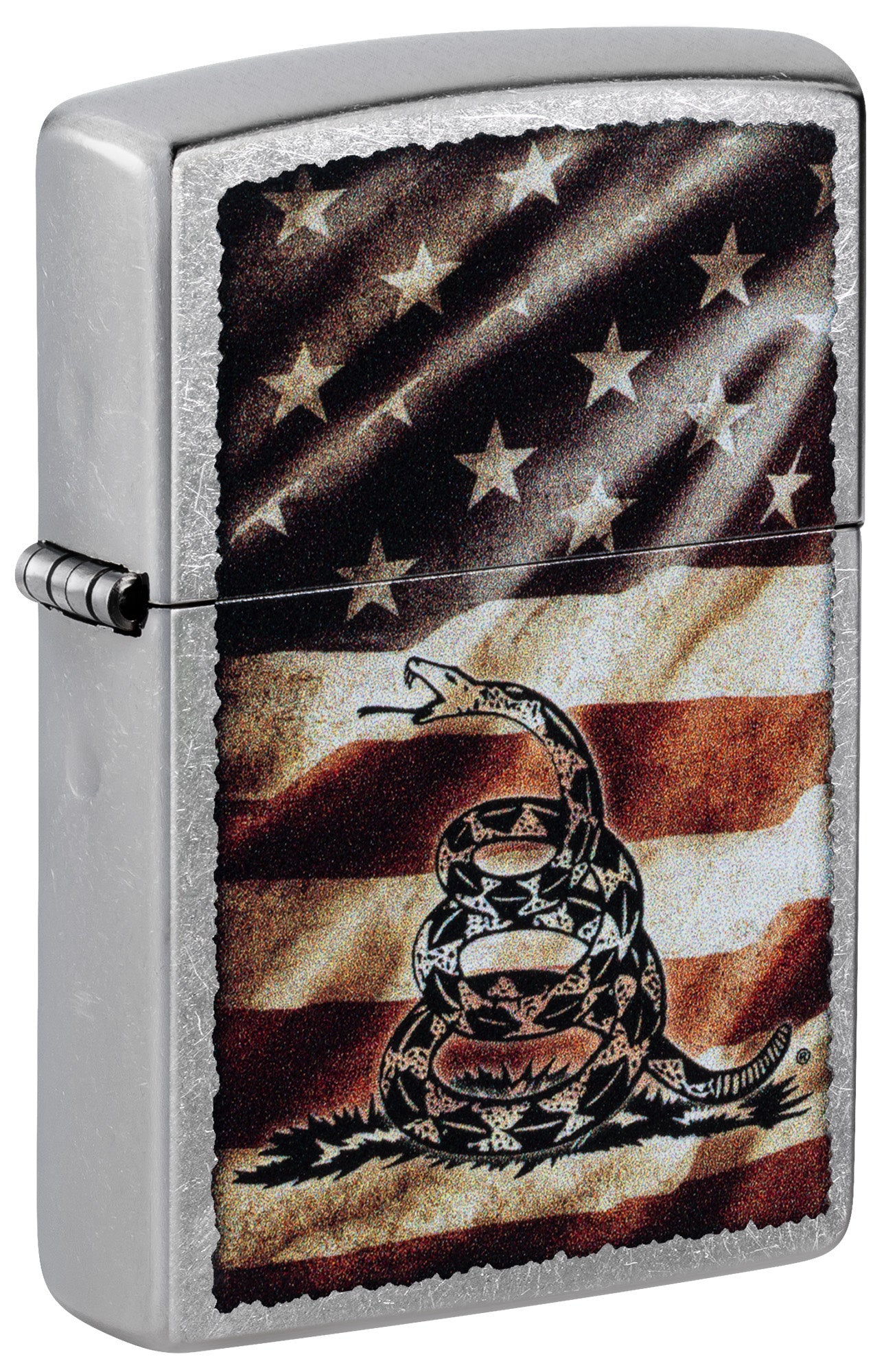 Front shot of Zippo Dont Tread on Me® Street Chrome Windproof Lighter standing at a 3/4 angle.