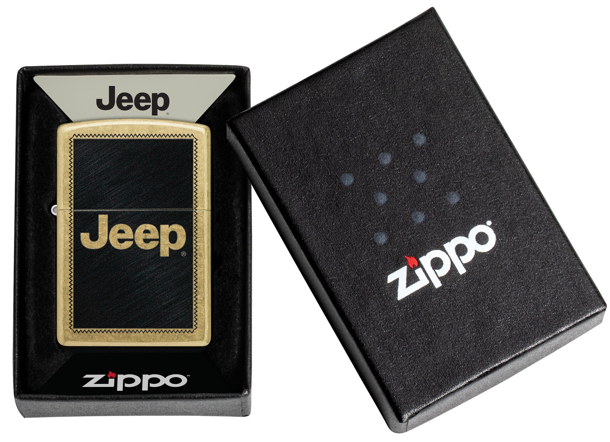 Zippo Jeep Stamp Design Regular Street Brass Windproof Lighter in its packaging.