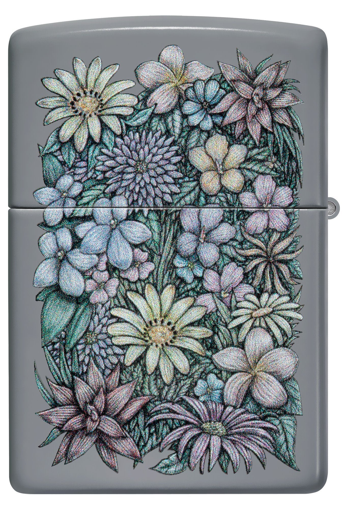 Back shot of Zippo Floral Gorilla Design Flat Grey Windproof Lighter.