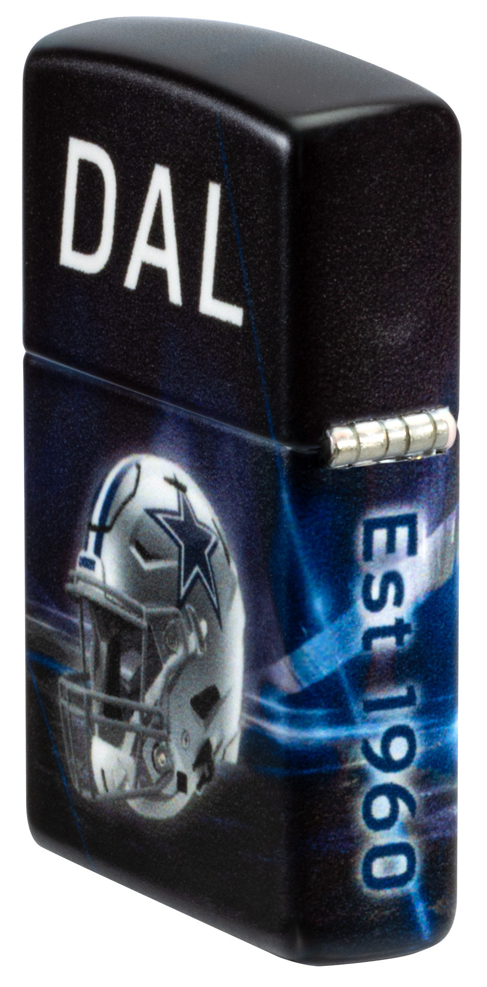 Angled shots of Zippo NFL Dallas Cowboys 540 Matte Windproof Lighter showing the back and hinge sides of the lighter.