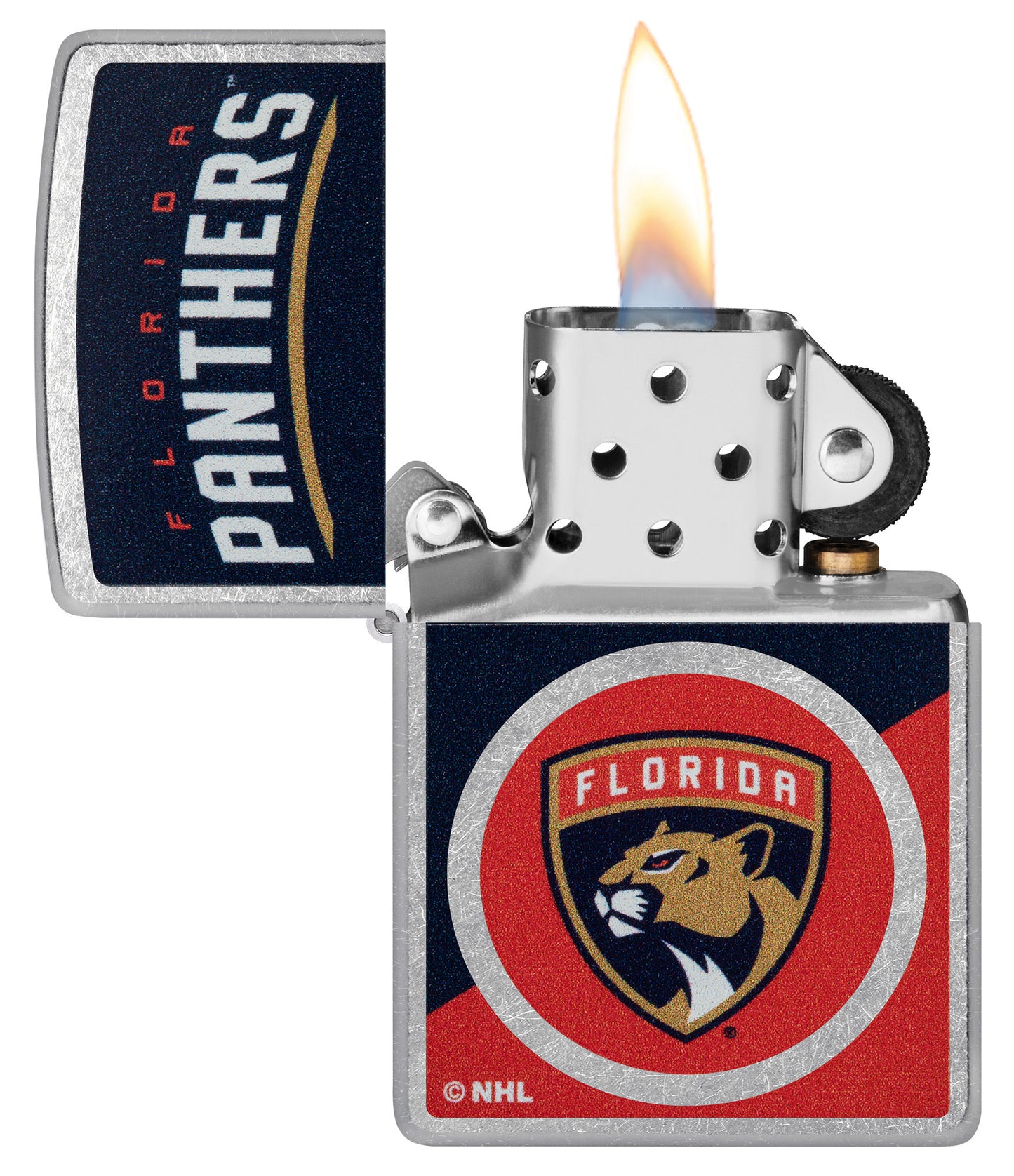 Zippo NHL® Florida Panthers® 2024 Street Chrome™ Windproof Lighter with its lid open and unlit.