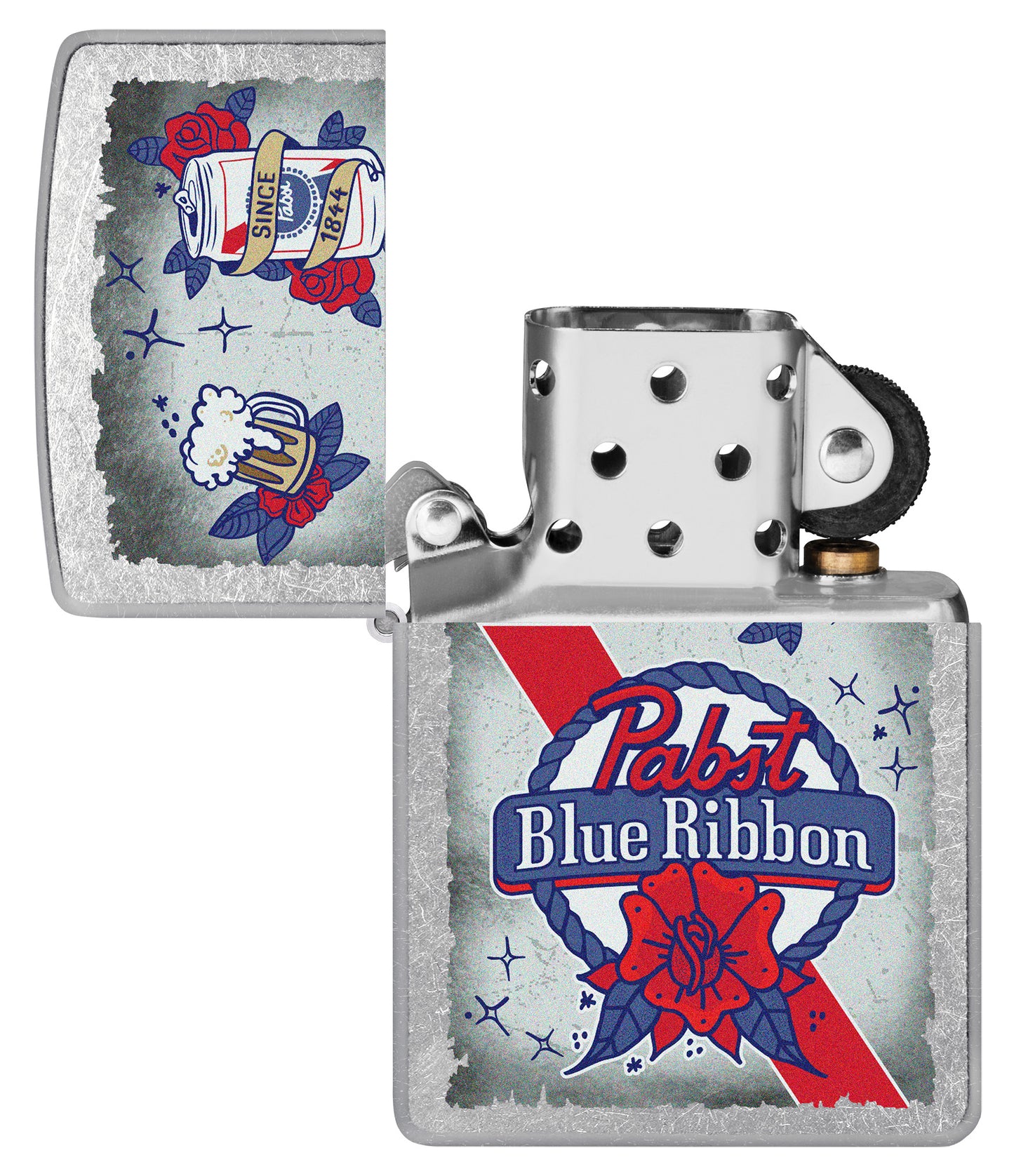 Pabst Blue Ribbon® Artwork Design Street Chrome Windproof Lighter with its lid open and unlit.

