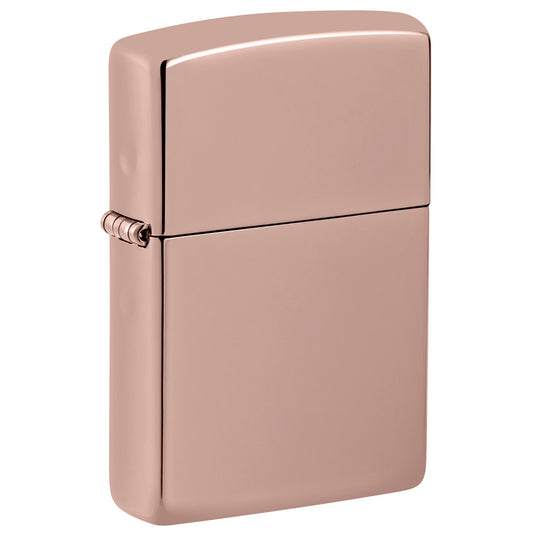 Front shot of Classic High Polish Rose Gold Windproof Lighter standing at a 3/4 angle.