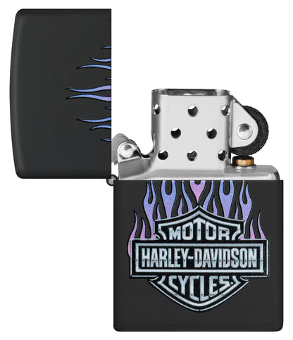 Zippo Harley Davidson® Flames Black Matte Windproof Lighter with its lid open and unlit.