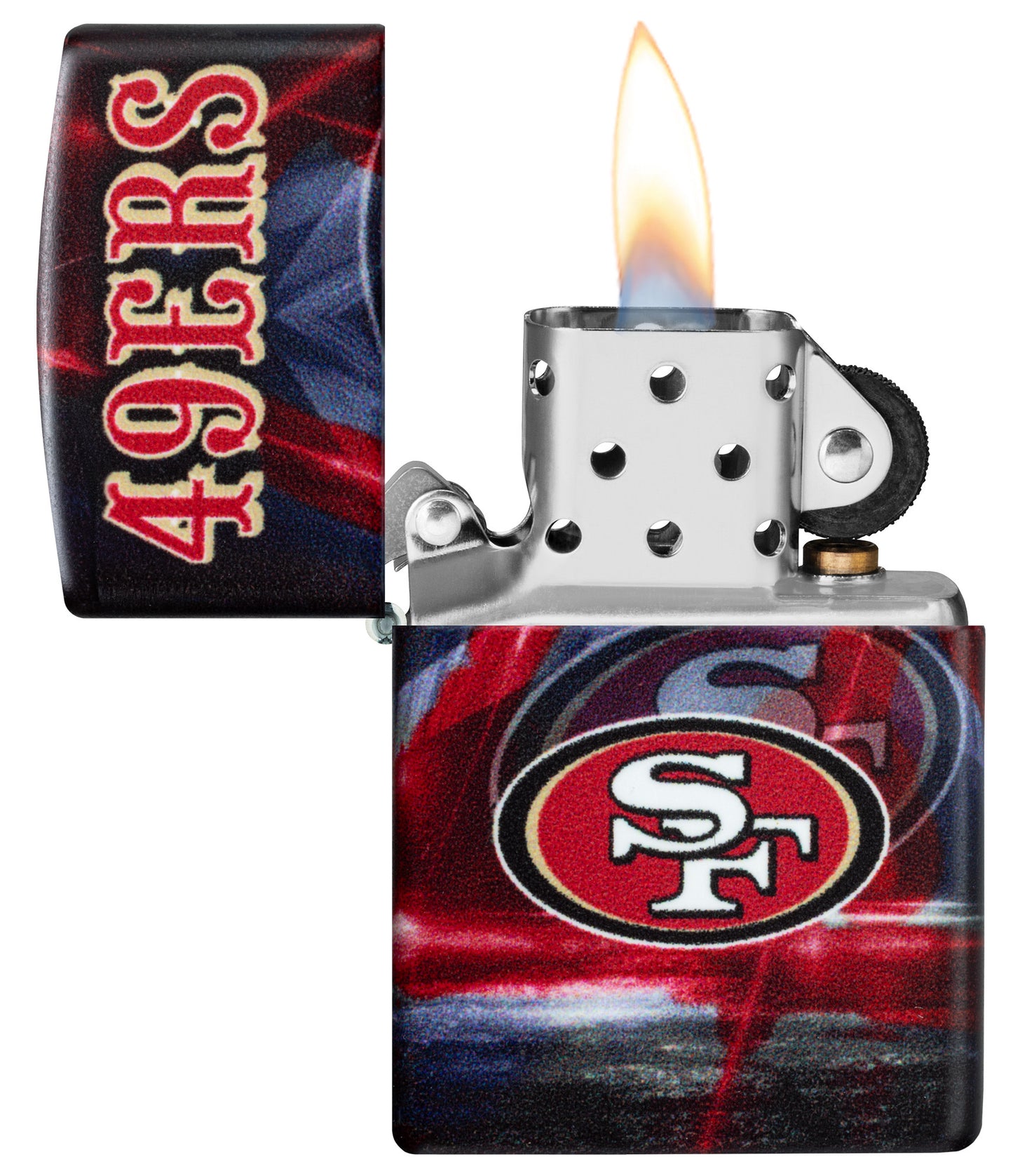 Zippo NFL San Francisco 49ers 540 Matte Windproof Lighter with its lid open and lit.