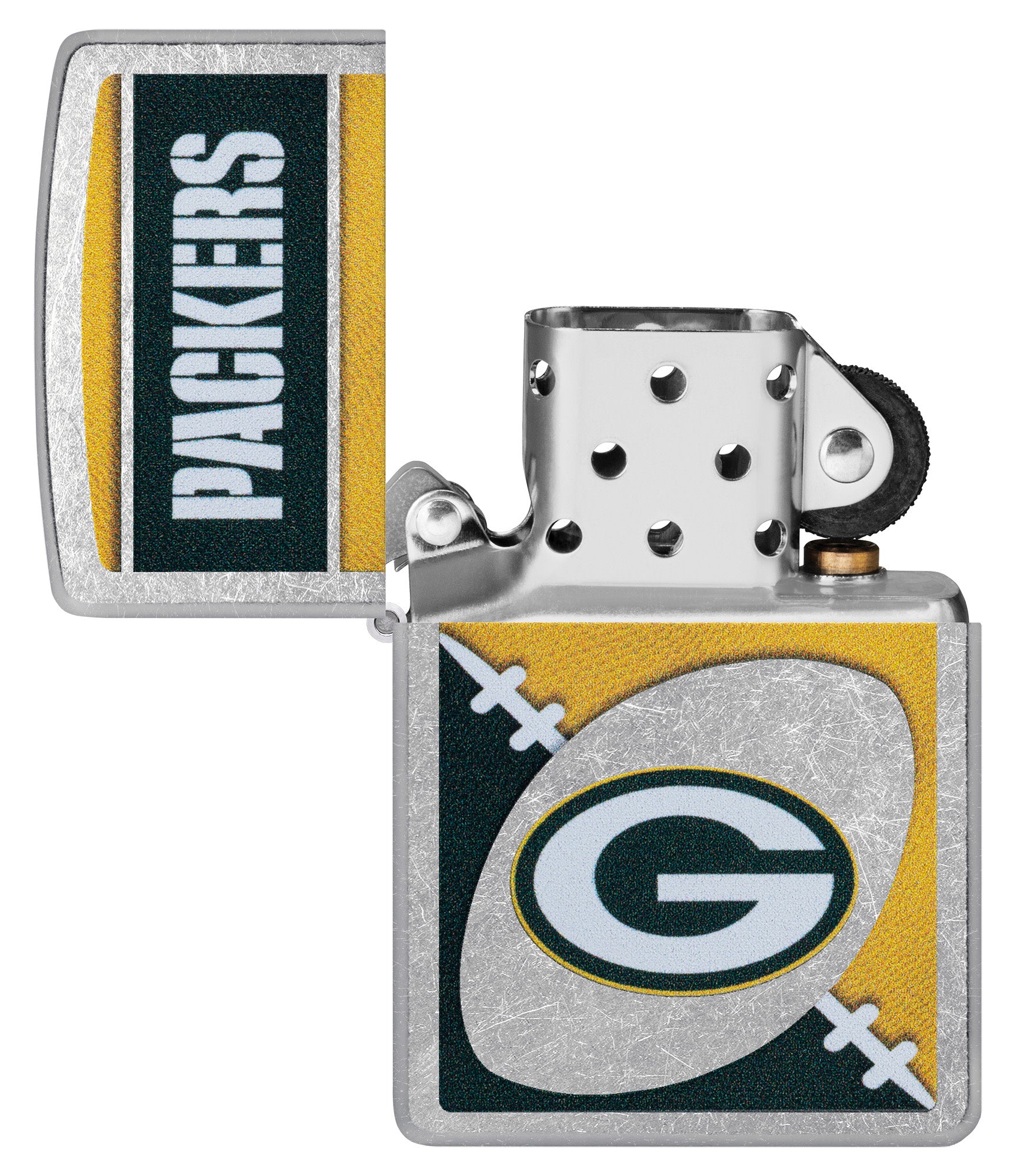 Zippo NFL Green Bay Packers Street Chrome Windproof Lighter with its lid open and unlit.