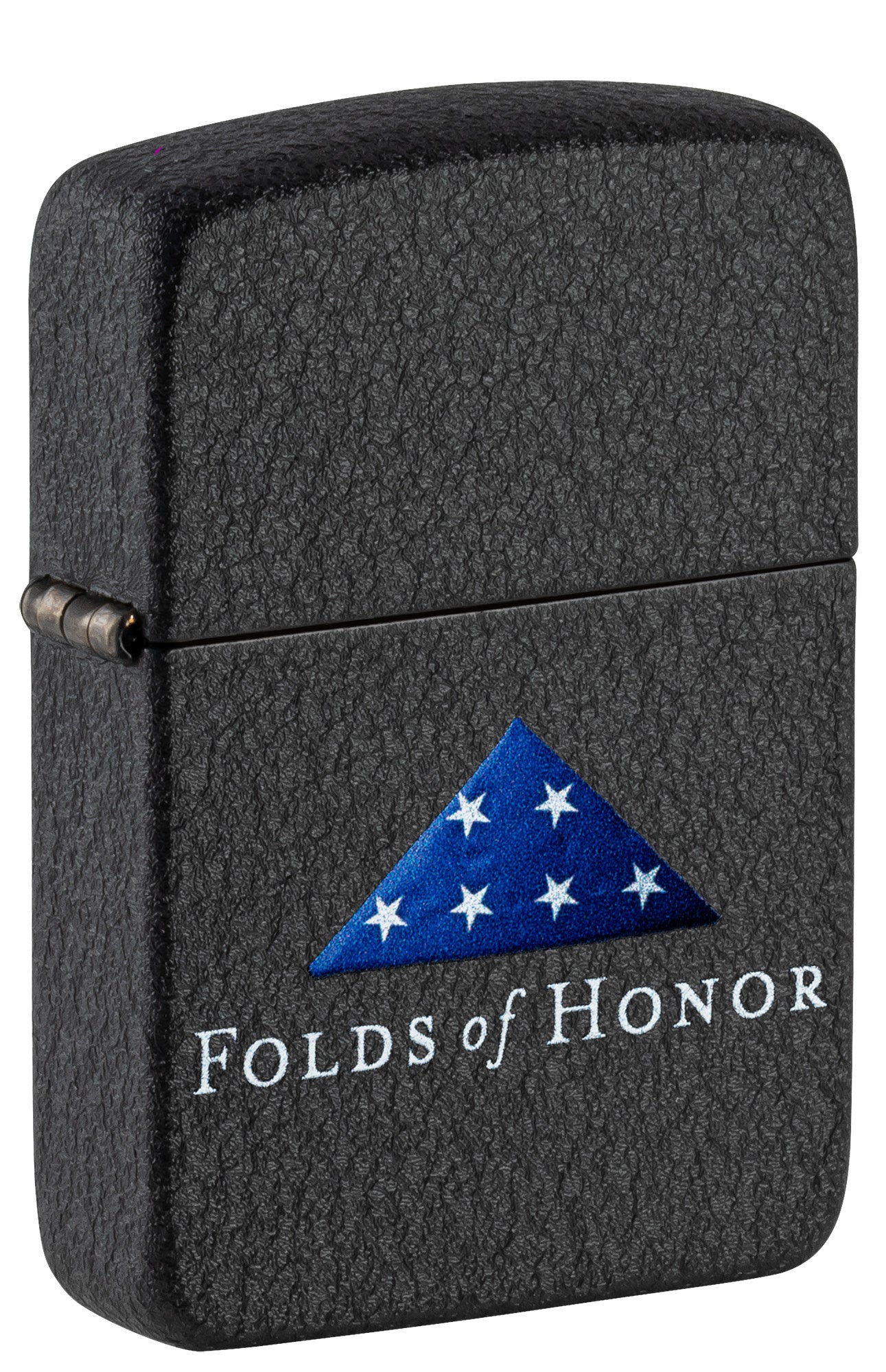 Front shot of Zippo Folds of Honor Black Crackle Windproof Lighter standing at a 3/4 angle.