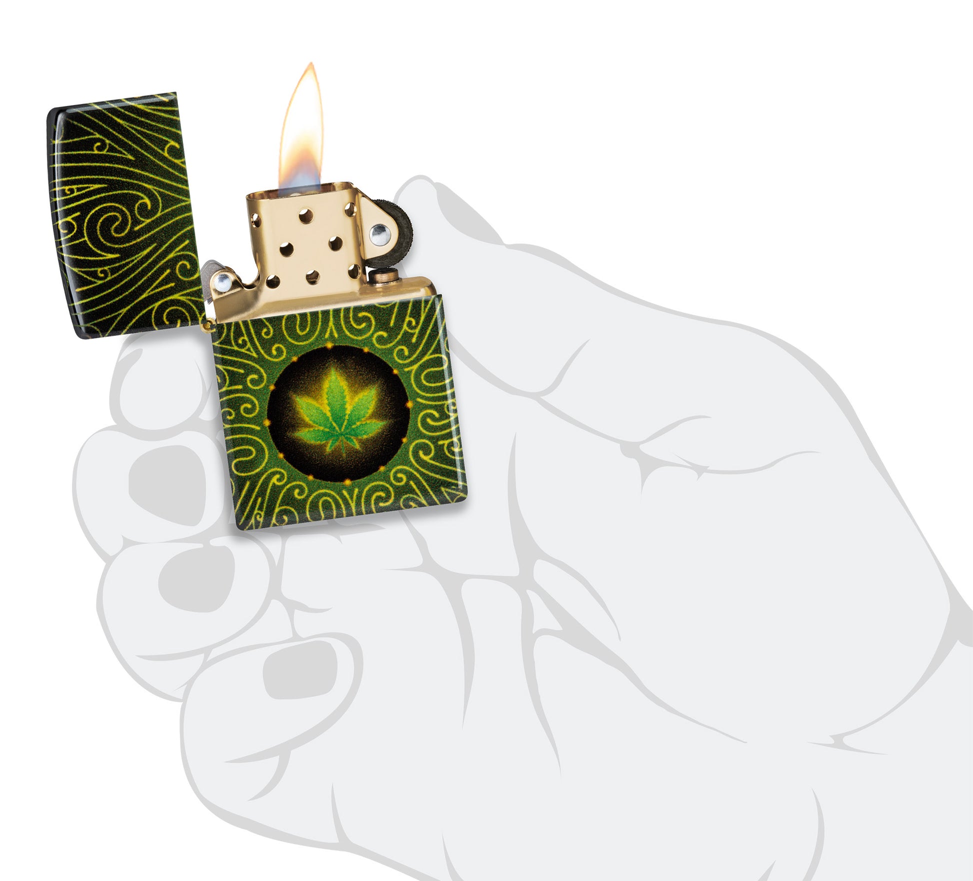 Zippo Cannabis Maze Design 540 Tumbled Brass Windproof Lighter lit in hand.