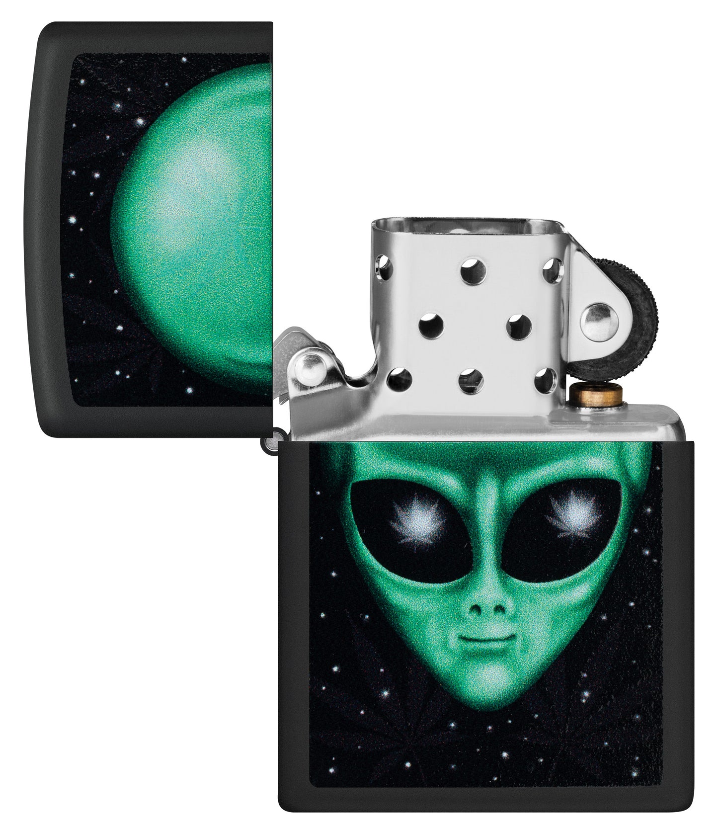 Zippo Alien Leaf Design Black Matte Windproof Lighter with its lid open and unlit.