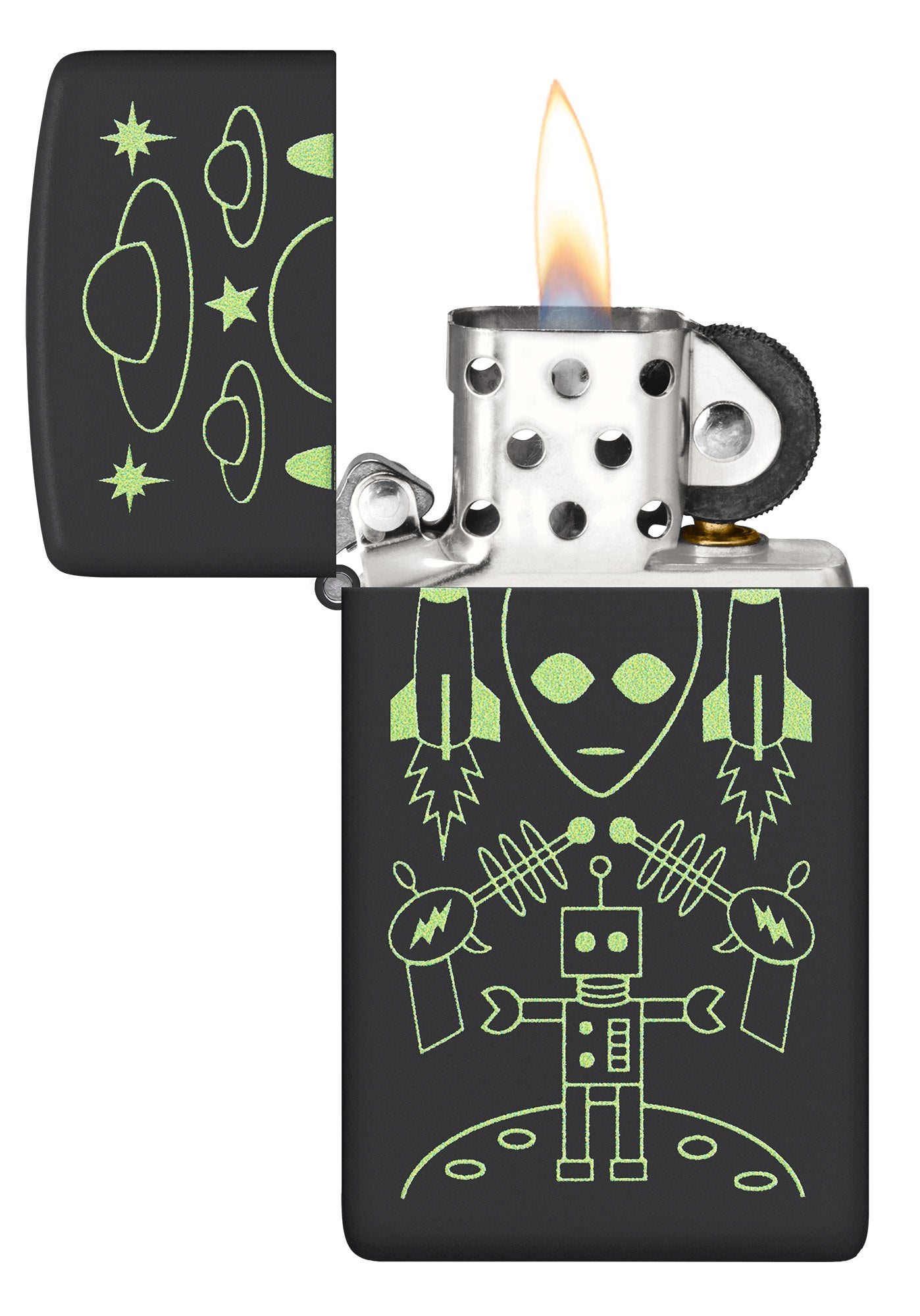 Zippo Alien Invasion Design Slim® Black Matte Windproof Lighter with its lid open and lit.