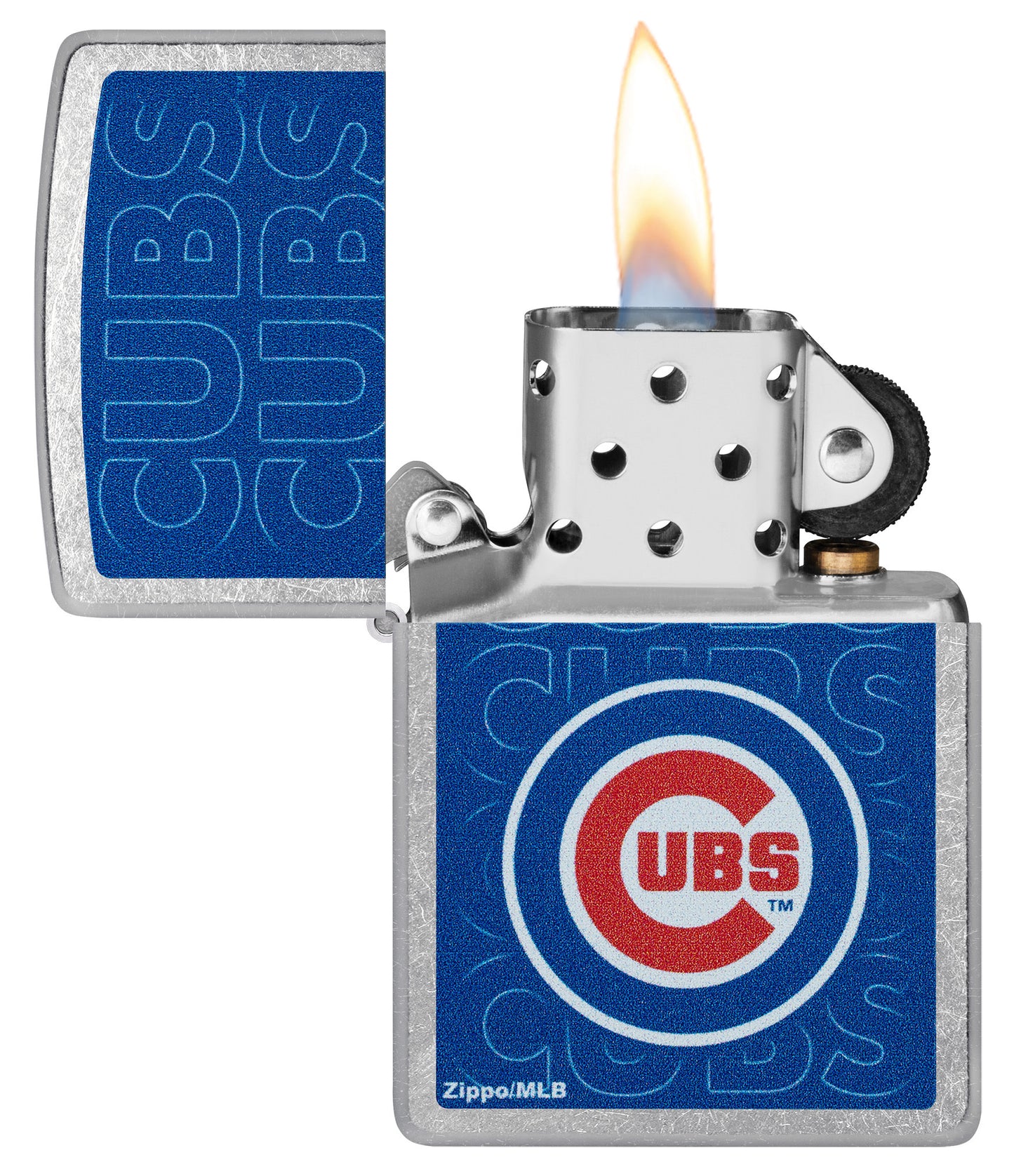 Zippo MLB® Chicago Cubs Street Chrome Windproof Lighter with its lid open and lit.