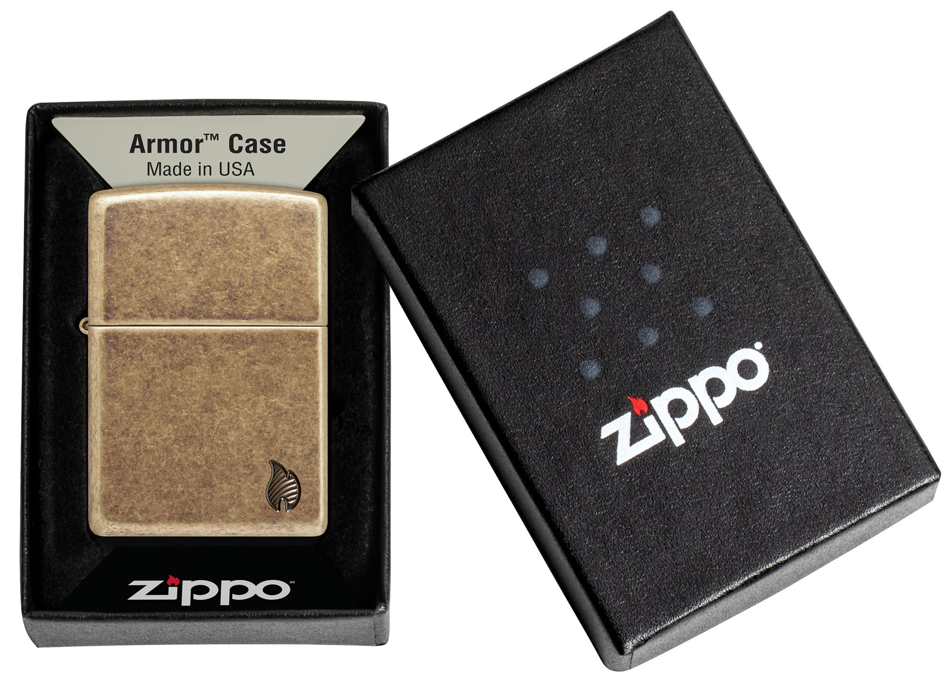 Zippo Armor Series Flame Antique Brass Windproof Lighter in its packaging.