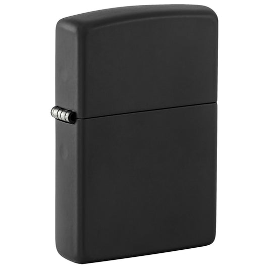 Front shot of Classic Black Matte Windproof Lighter standing at a 3/4 angle.