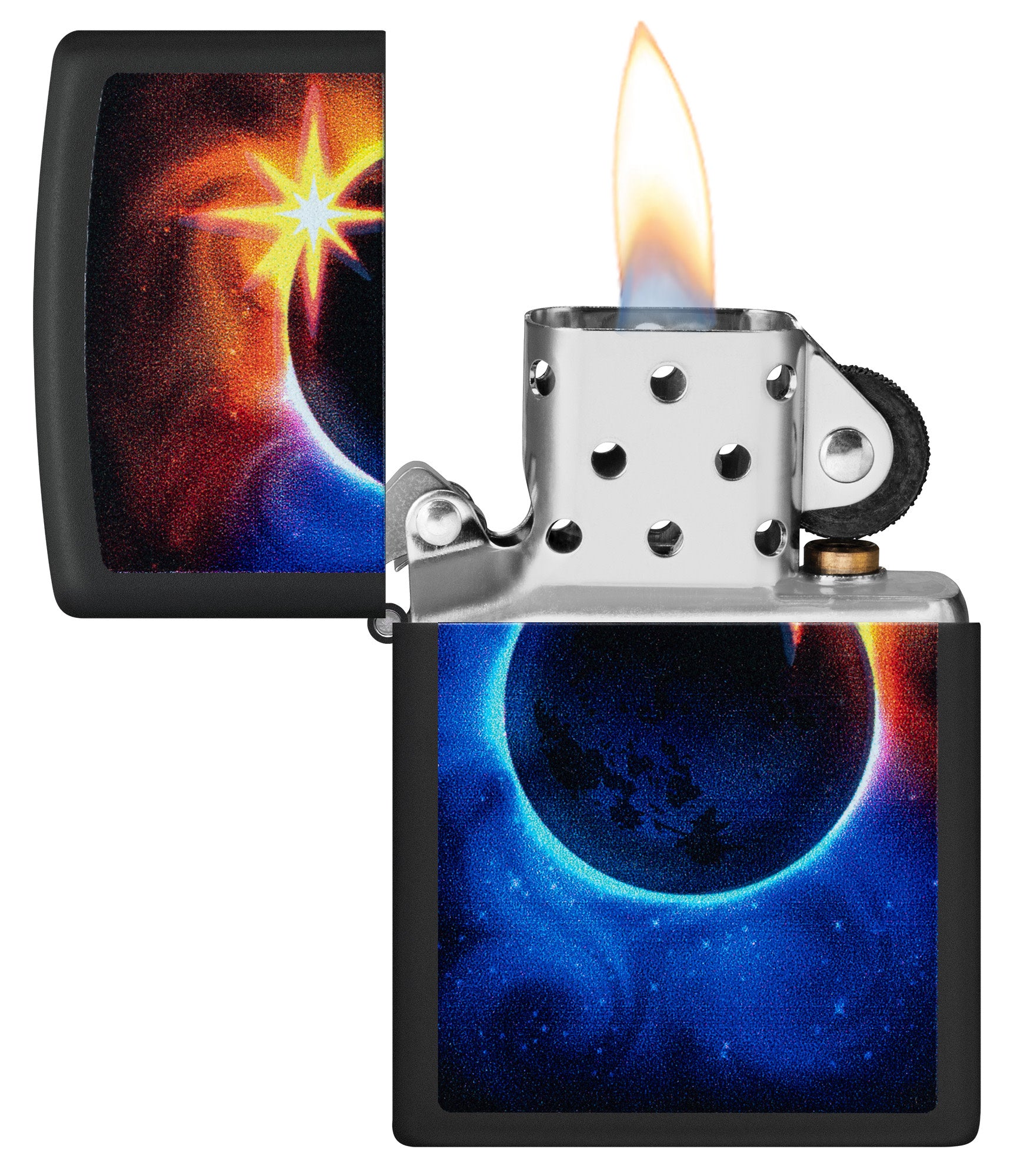 Zippo Eclipse Design Black Matte Windproof Lighter with its lid open and lit.