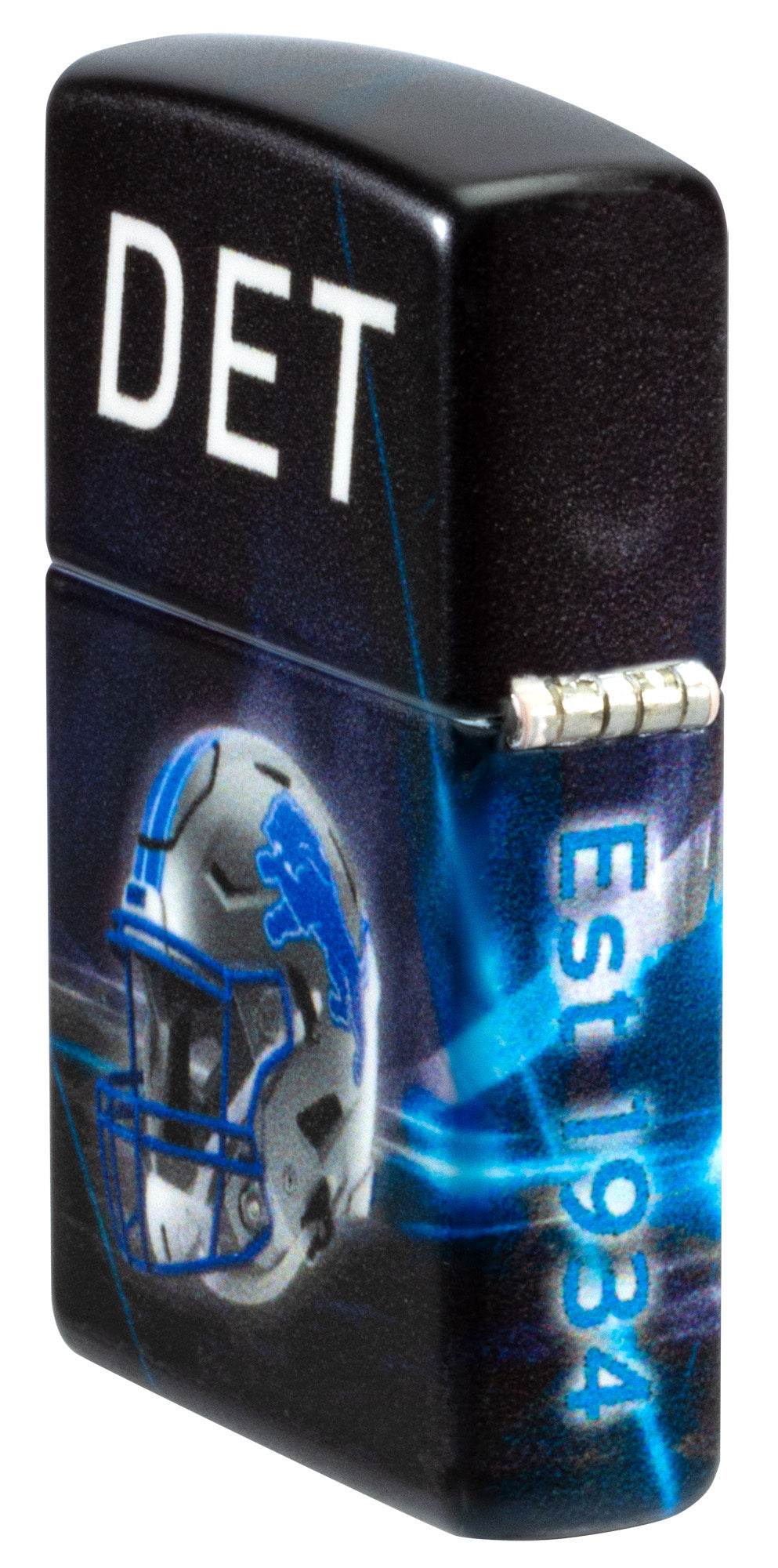 Angled shot of Zippo NFL Detroit Lions 540 Matte Windproof Lighter showing the back and hinge sides of the lighter.