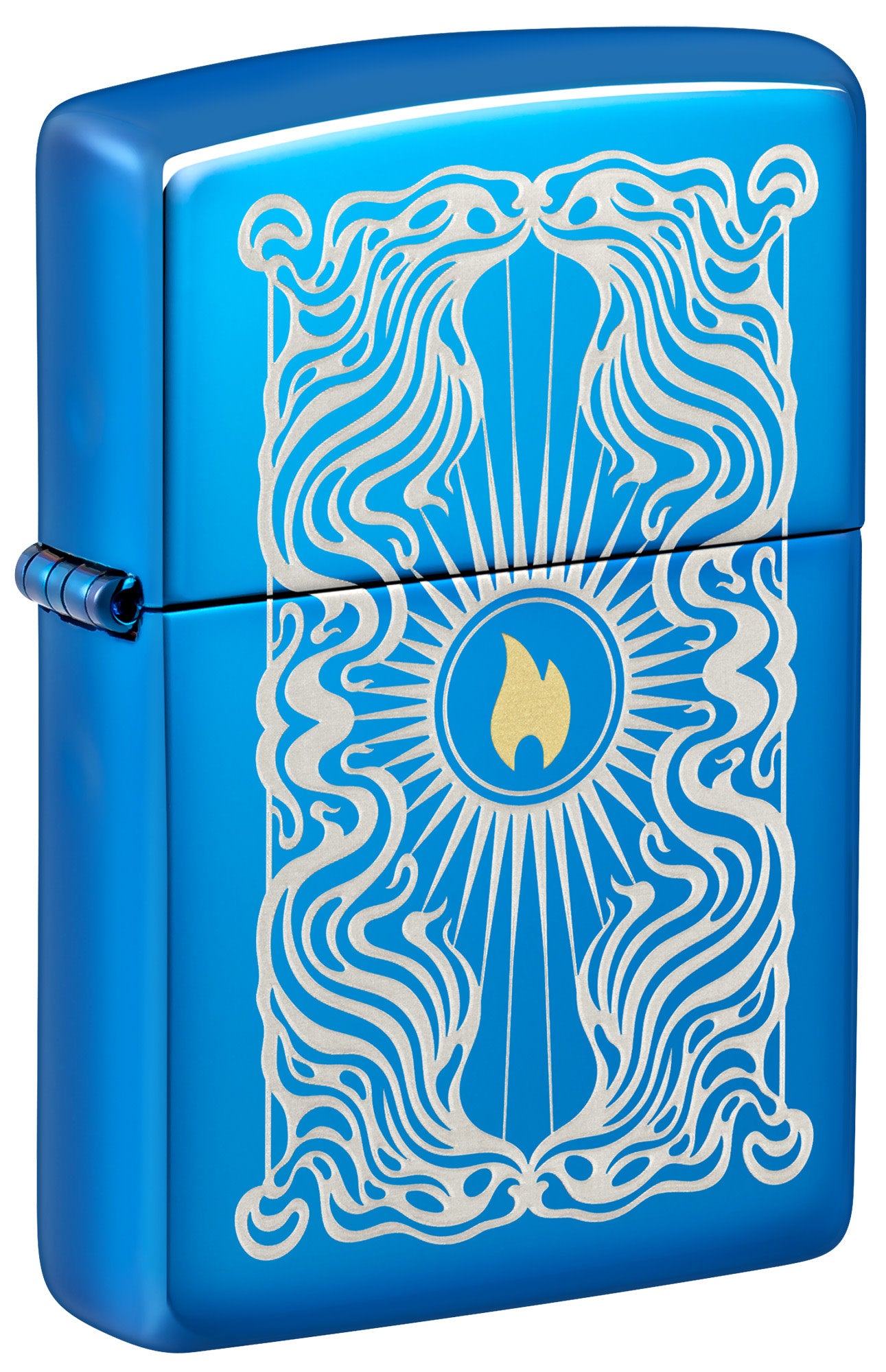 Front shot of Zippo Fancy Flame Design High Polish Blue Windproof Lighter standing at a 3/4 angle.