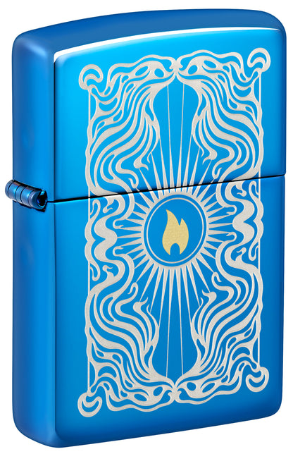 Front shot of Zippo Fancy Flame Design High Polish Blue Windproof Lighter standing at a 3/4 angle.