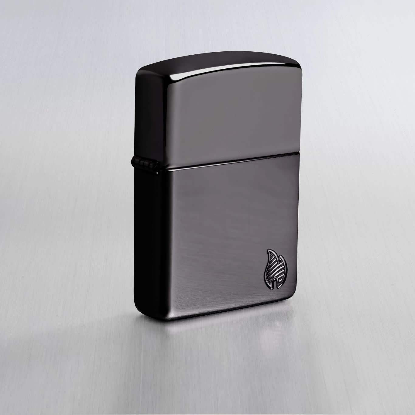 Lifestyle image of Zippo Armor® Series Flame High Polish Black Windproof Lighter on a light gray background.