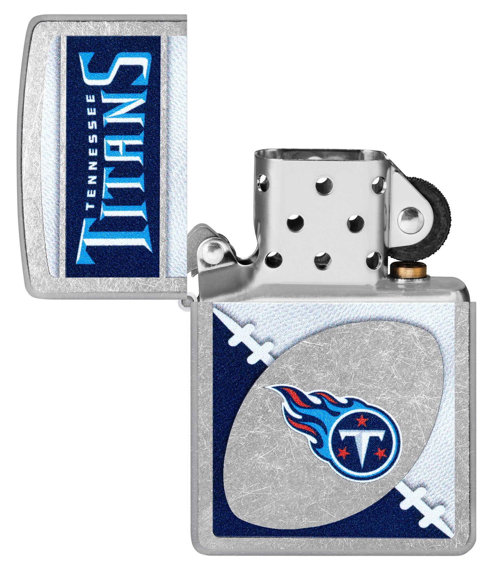 Zippo NFL Tennessee Titans Street Chrome Windproof Lighter with its lid open and unlit.