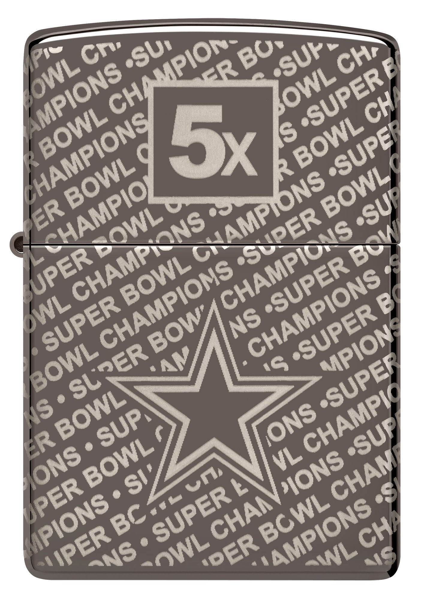 Front view of Zippo NFL Dallas Cowboys Super Bowl Commemorative Armor Black Ice Windproof Lighter.