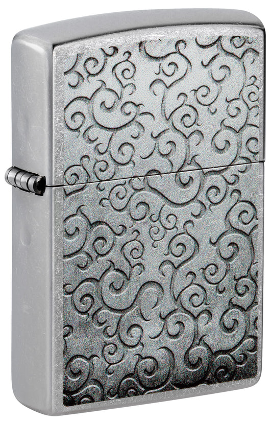 Front shot of Zippo Vines Design Street Chrome Windproof Lighter standing at a 3/4 angle.