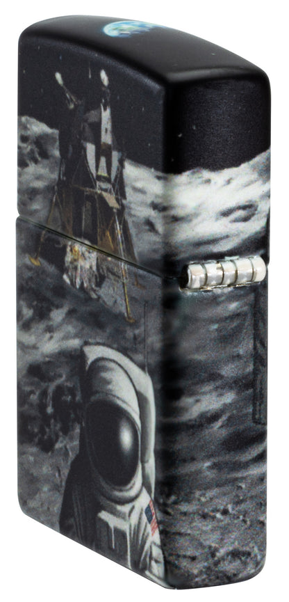 Angled shot of Zippo Moon Landing Design Glow in the Dark Windproof Lighter showing the back and hinge side of the lighter.