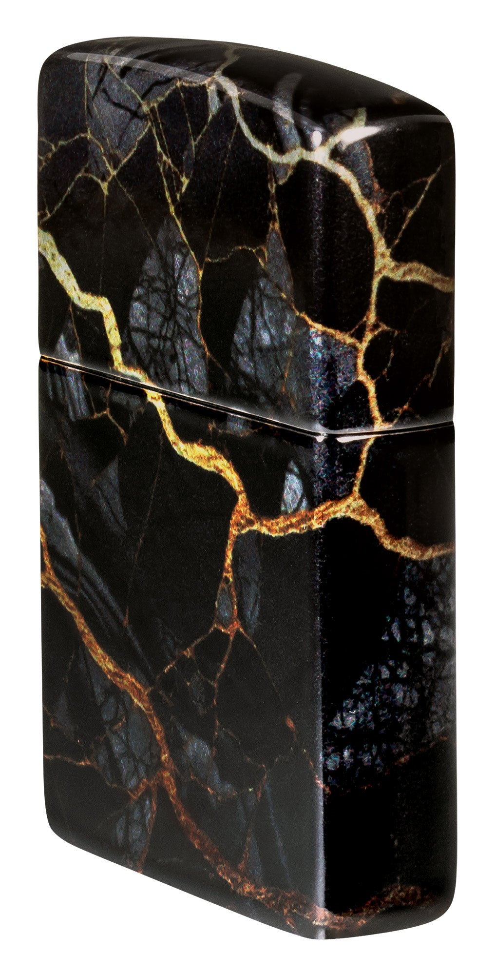 Angled shot of Zippo Fusion Marble Design 540 Tumbled Chrome Windproof Lighter showing the front and right side of the lighter.