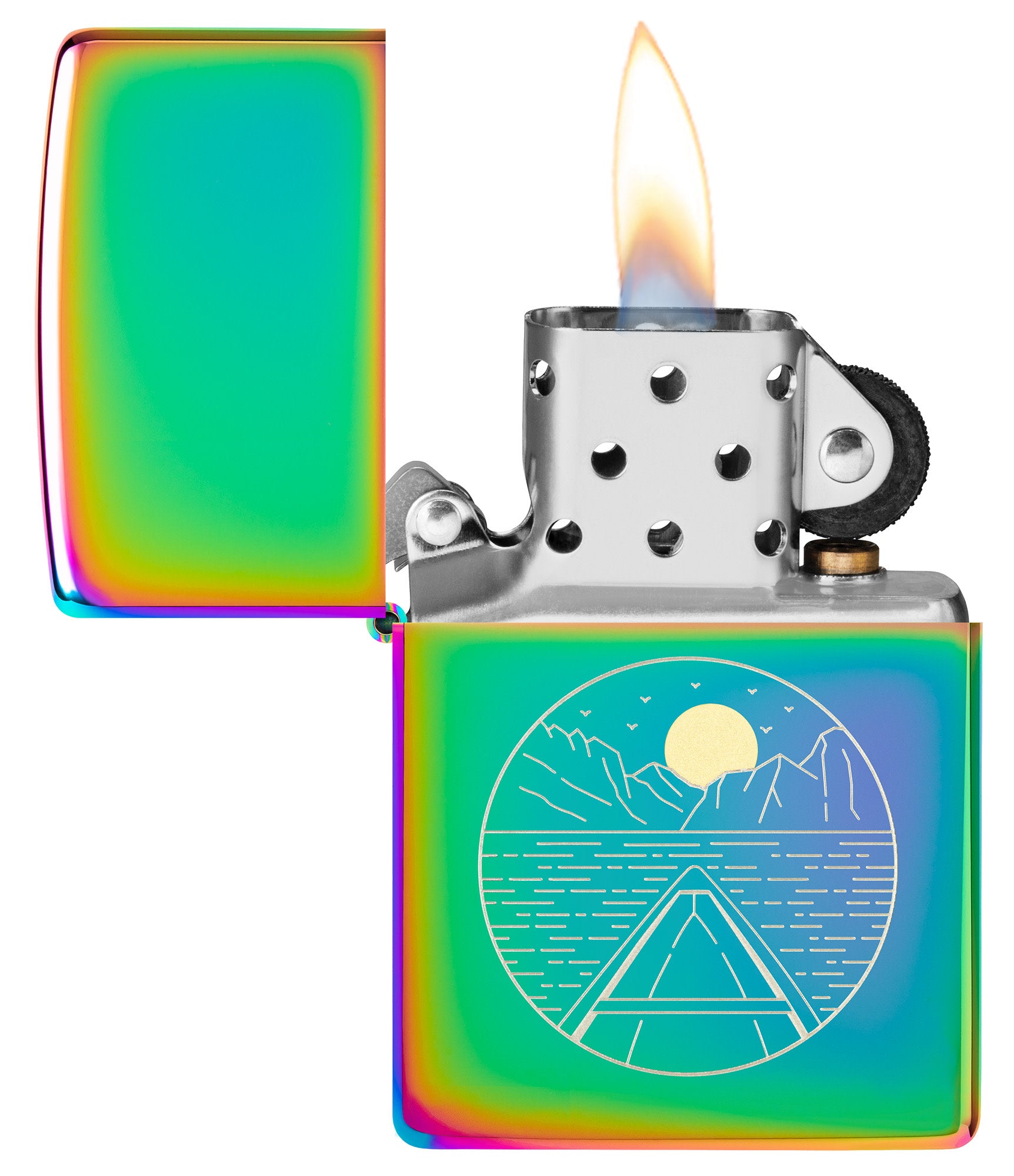 Zippo Moon Canoe Design Multi Color Windproof Lighter with its lid open and lit.