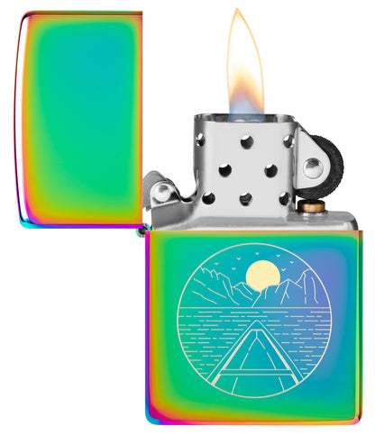 Zippo Moon Canoe Design Multi Color Windproof Lighter with its lid open and lit.