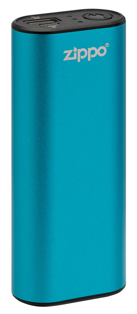 Blue HeatBank® 6 Rechargeable Hand Warmer standing at a slight angle