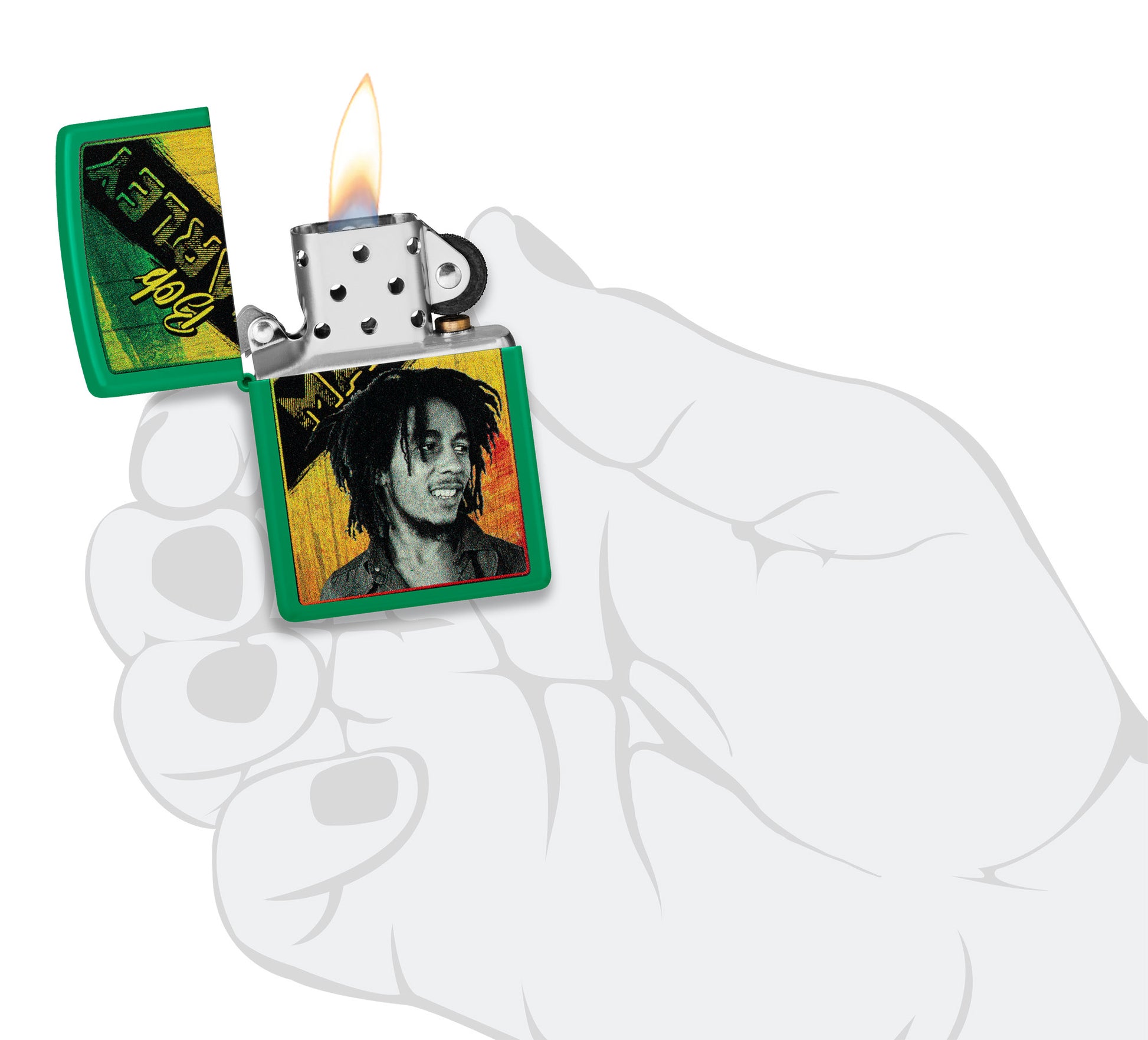 Zippo Bob Marley Grass Green Matte Windproof Lighter lit in hand.