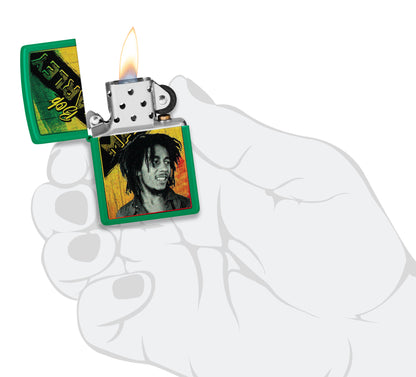 Zippo Bob Marley Grass Green Matte Windproof Lighter lit in hand.