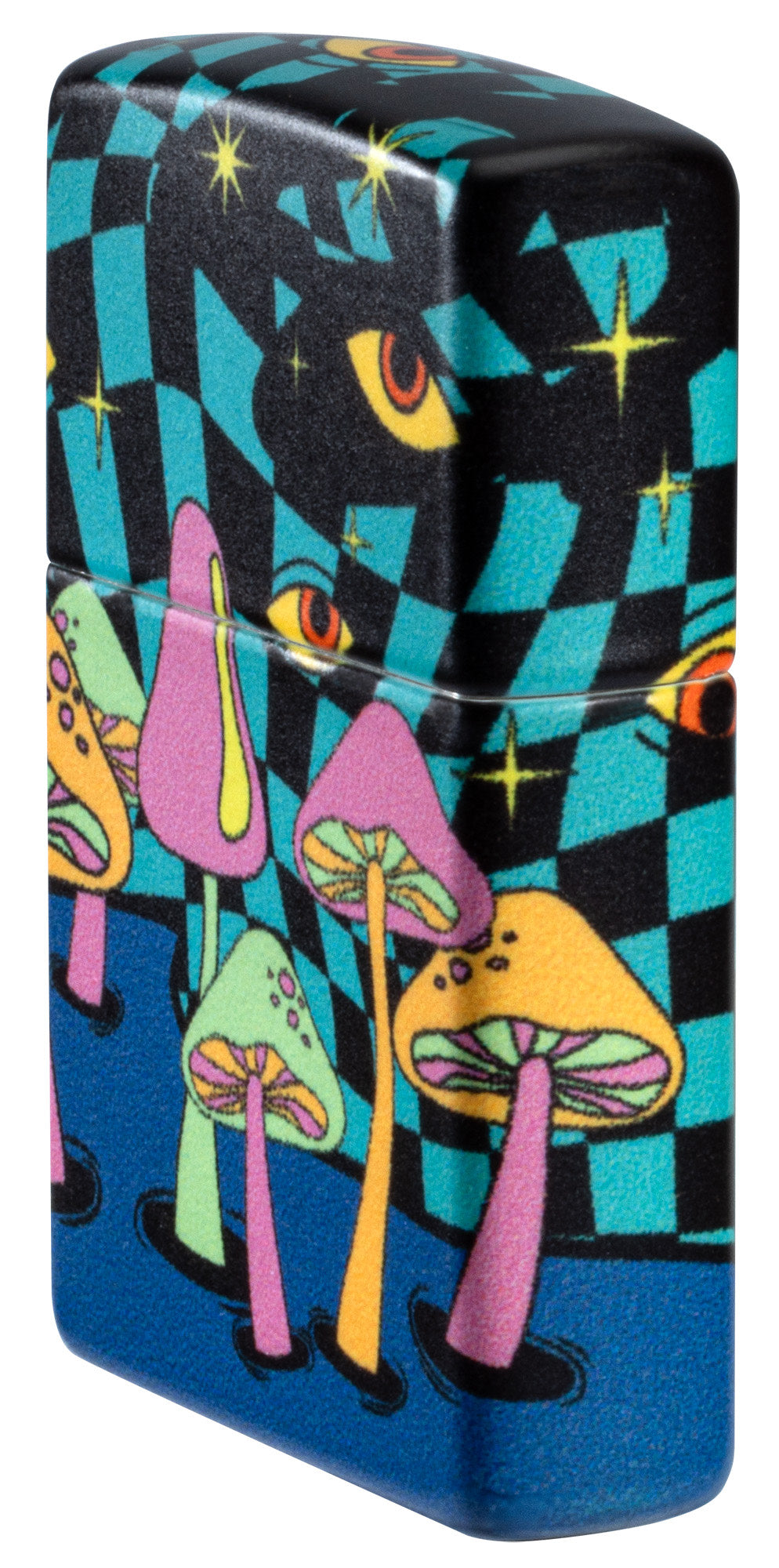 Angled shot of Zippo Mushroom Party Design Glow in the Dark Windproof Lighter showing the front and right sides of the lighter.