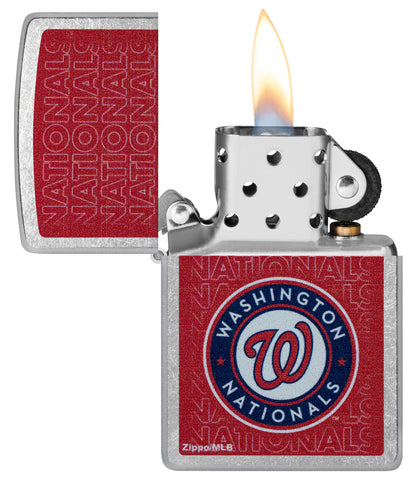 Zippo MLB® Washington Nationals Street Chrome Windproof Lighter with its lid open and lit.